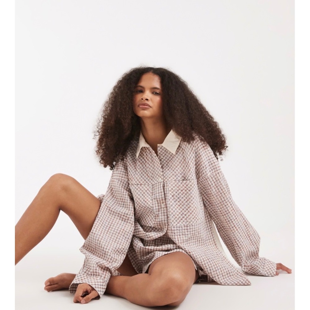 Free People Intimately Check It Out Shirt Brown Gingham Oversized High Low Top